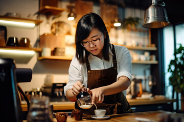 Passionate Asian Female Business Owner Creating Latte Art in Contemporary Coffee Shop. Generative AI.