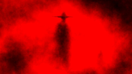 Gloomy silhouette of man in raincoat and big hat. Dark maniac character in fog. Scary 2d illustration. Horror fantasy art. Halloween ghost image. Spooky visions of hell. Red and black background.