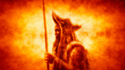 Ancient warrior with spear in rays of light. Guard standing on duty wearing crescent-shaped headdress. Dark spirit of war ready for battle. Evil ghost fantasy 2D illustration. Orange background.