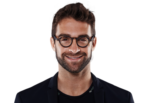 Isolated business man, glasses and portrait with smile, handsome or fashion by transparent png background. Young businessman, happy entrepreneur or male in headshot, motivation or career development
