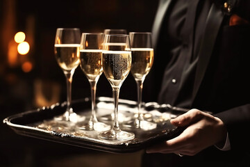 tray with glasses of champagne in the hands of a waiter in a restaurant to celebrate a luxury party. Generative AI illustration