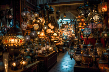 Metal filigree lanterns in a middle east bazaar. Oriental artwork and craft. Created with Generative AI technology.