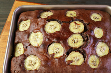 Closeup of Freshly Baked Aromatic Homemade Dark Chocolate Banana Cake