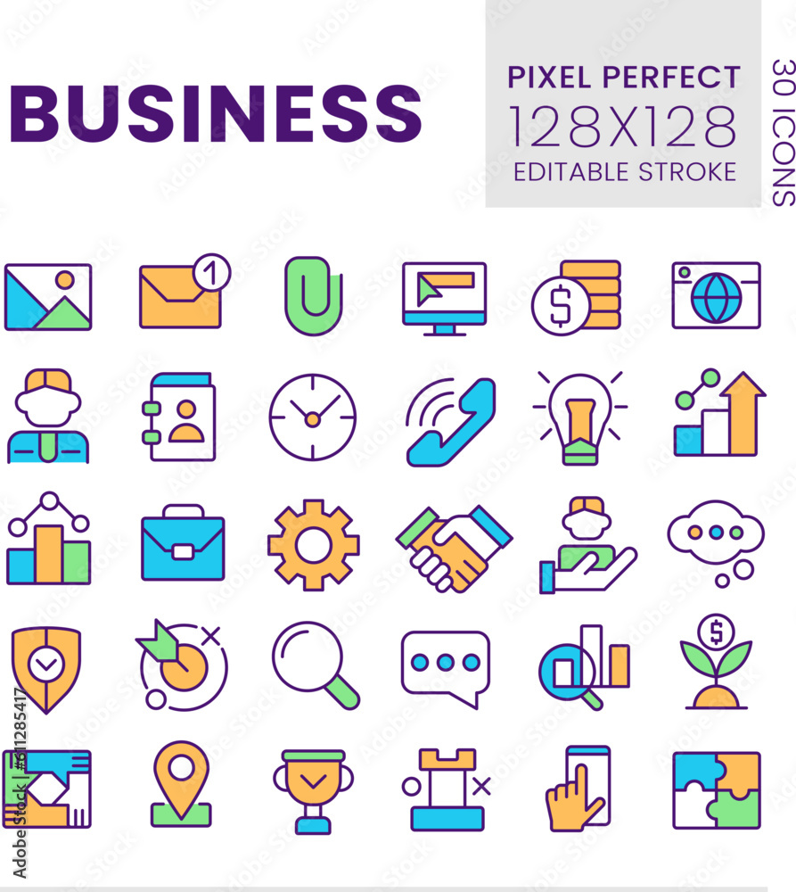 Poster business pixel perfect rgb color icons set. commerce and finance. digitalization. isolated vector il
