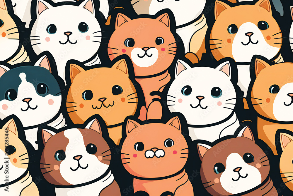 Poster cute playful kitten cartoon characters background. created with generative ai technology.