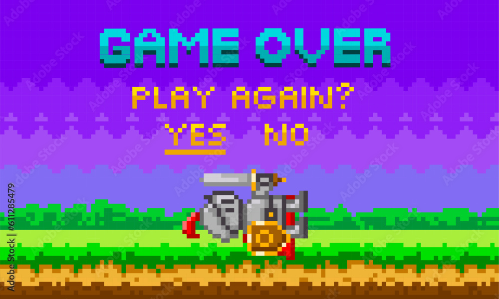 Poster game over pixel-game background with perished knight. pixel art game scene with green grass and tall