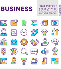 Business pixel perfect RGB color icons set. Commerce and finance. Digitalization. Isolated vector illustrations. Simple filled line drawings collection. Editable stroke. Poppins font used