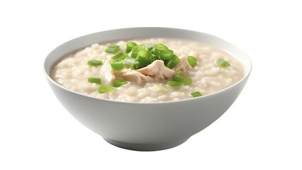 A bowl of chicken and rice congee with ginger and scallions on White Background with copy space for your text created with generative AI technology