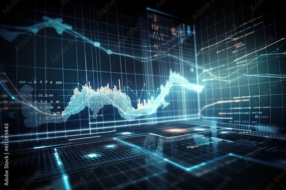 Poster digital background image with forex chart and graphs. 3d rendering, financial graphs glowing lines a