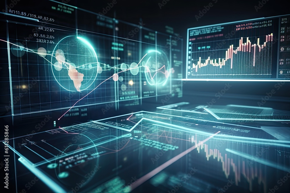 Poster futuristic interface with charts and graphs. 3d rendering, financial graphs glowing lines and diagra