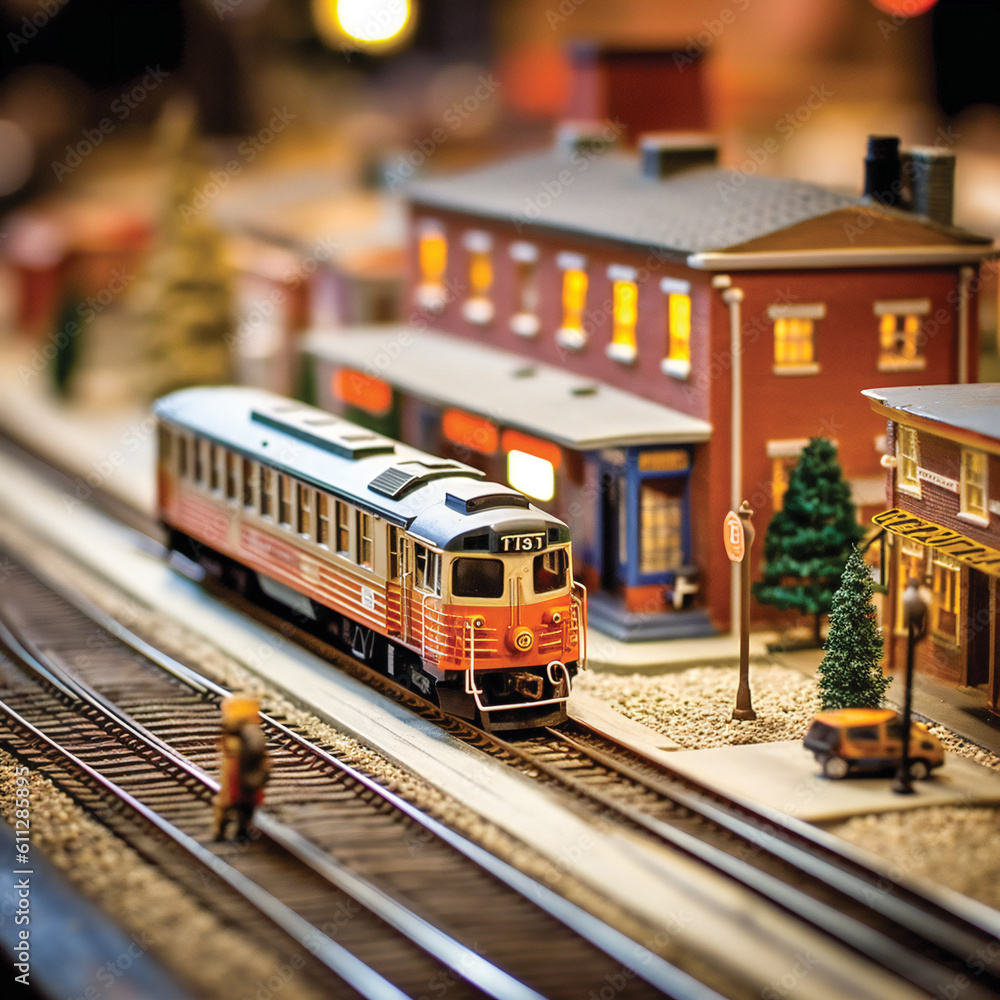 Poster miniature train and station. created with generative ai technology.
