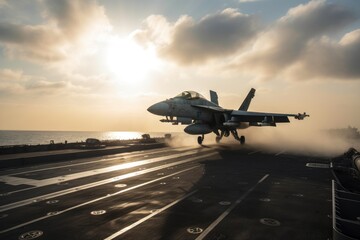 Fototapeta na wymiar Fighter aircraft on the deck of a military aircraft carrier at sunset, Fighter jets are taking off from an aircraft carrier, AI Generated