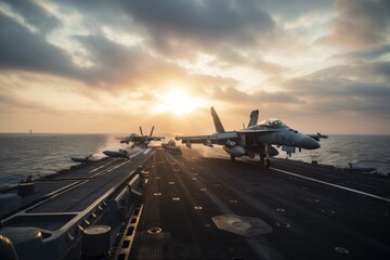 Fighter aircraft on the deck of a aircraft carrier at sunset. Fighter jets are taking off from an aircraft carrier, AI Generated