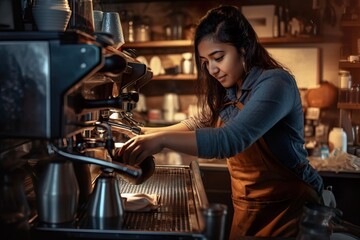 Fototapeta na wymiar Passionate Small Business Female Owner Crafting Latte Art Masterpiece. Generative AI.