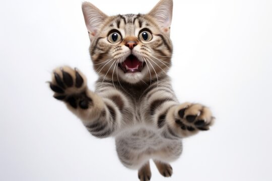 Environmental portrait photography of a funny american shorthair cat leaping against a white background. With generative AI technology