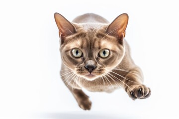 Fototapeta premium Close-up portrait photography of a funny burmese cat sprinting against a white background. With generative AI technology