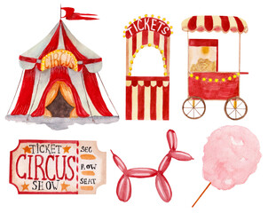 Watercolor circus tent, popcorn machine, balloon, ticket, cotton candy and ticket office isolated on white background. 
