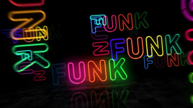 Funk music neon symbol. Light color bulbs. Funky entertainment retro style  abstract seamless and loopable concept. 3d flying through the tunnel animation.