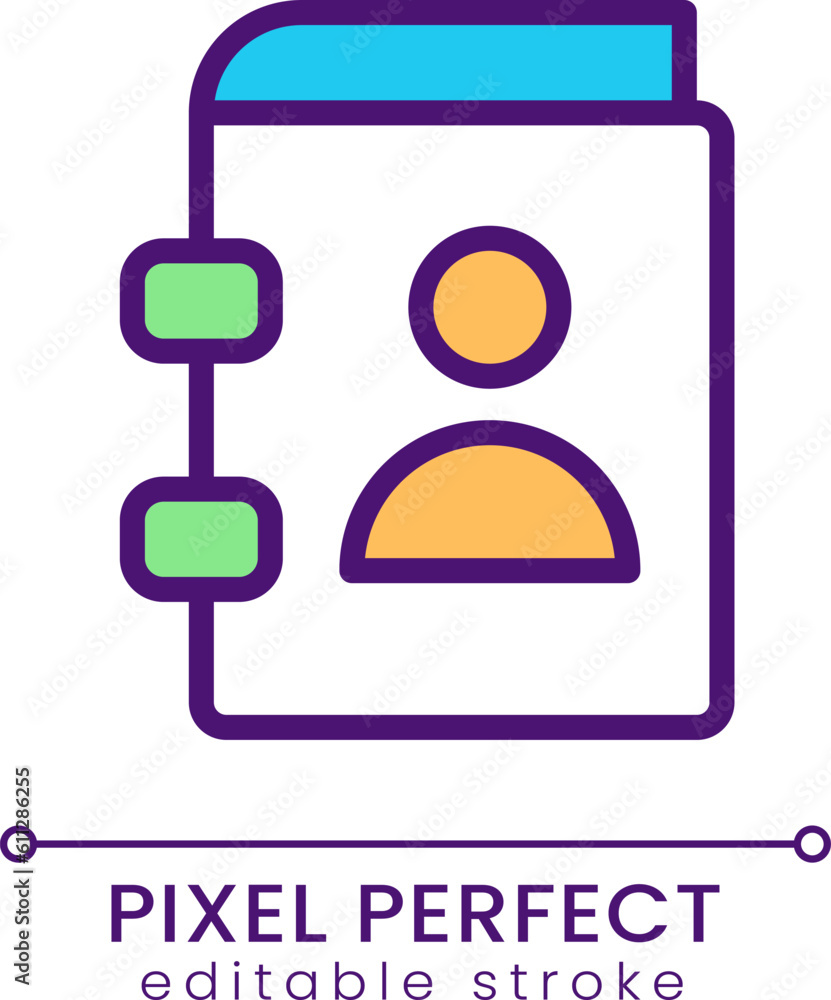 Poster contact book pixel perfect rgb color icon. phone numbers and address. button for website and applica
