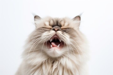 Medium shot portrait photography of a smiling himalayan cat scratching against a white background. With generative AI technology