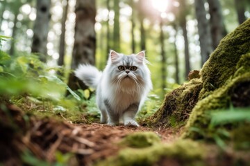 Naklejka na ściany i meble Medium shot portrait photography of a happy persian cat exploring against a forest background. With generative AI technology
