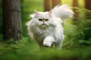 Naklejka na ściany i meble Full-length portrait photography of a cute persian cat sprinting against a forest background. With generative AI technology
