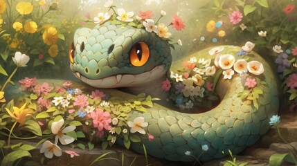 Cute Lofi animal in garden, anime style illustration, background wallpaper design, manga art, poster, nature