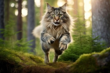 Obraz premium Full-length portrait photography of a happy norwegian forest cat jumping against a forest background. With generative AI technology