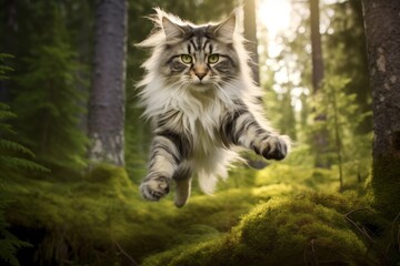 Naklejka na ściany i meble Full-length portrait photography of a happy norwegian forest cat jumping against a forest background. With generative AI technology