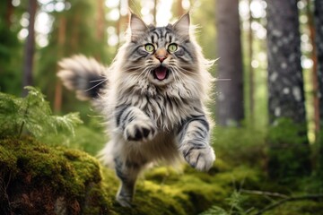 Naklejka na ściany i meble Full-length portrait photography of a happy norwegian forest cat jumping against a forest background. With generative AI technology