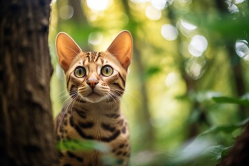 Fototapeta premium Group portrait photography of a smiling ocicat skulking against a forest background. With generative AI technology