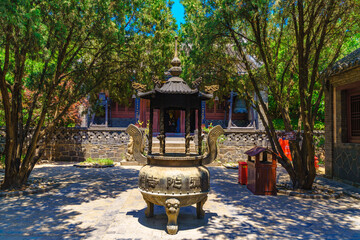 Scenic view of Penglai Pavilion in Yantai, Shandong Province in summer, Mituo Temple