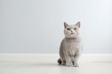 Obraz premium Lifestyle portrait photography of a smiling british shorthair cat tail wagging against a minimalist or empty room background. With generative AI technology