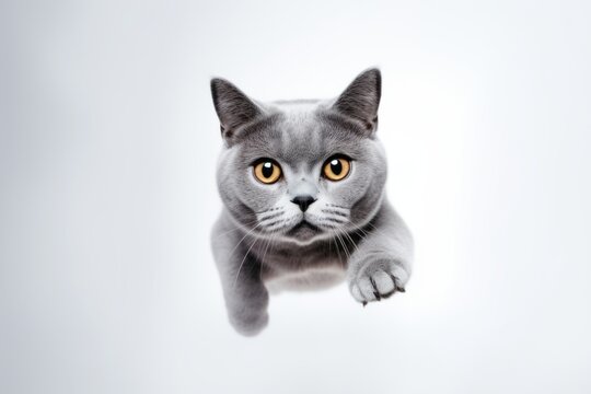 Environmental portrait photography of a funny british shorthair cat leaping against a minimalist or empty room background. With generative AI technology