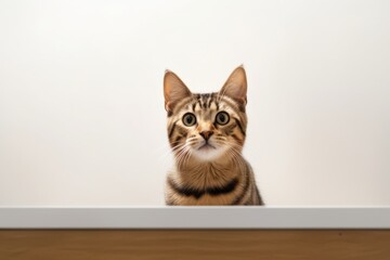 Medium shot portrait photography of a funny tabby cat skulking against a minimalist or empty room background. With generative AI technology