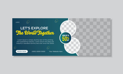Travel facebook cover social media post and web banner template design with photo place holder, clean and modern layout design for tour agency page.