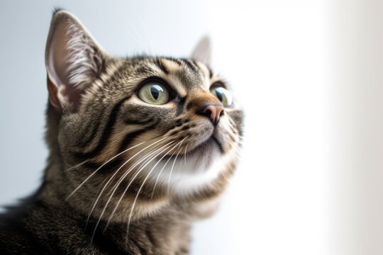 Close-up portrait photography of a cute tabby cat skulking against a minimalist or empty room background. With generative AI technology