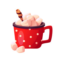 Red Cup Cocoa Marshmallow Icon.Hot Chocolate Isolated on White. Cute Vector Illustration in Cartoon Style. 