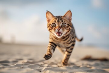 Lifestyle portrait photography of a smiling bengal cat running against a beach background. With generative AI technology