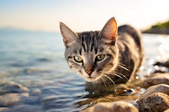 Medium shot portrait photography of a smiling american shorthair cat drinking water against a beach background. With generative AI technology