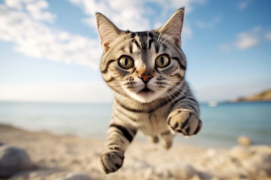 Close-up portrait photography of a happy american shorthair cat hopping against a beach background. With generative AI technology