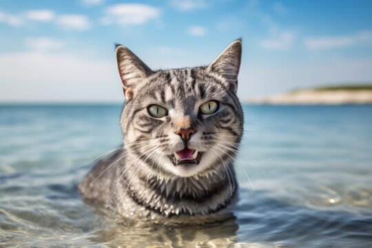 Medium shot portrait photography of a smiling american shorthair cat drinking water against a beach background. With generative AI technology