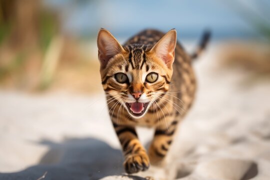 Lifestyle portrait photography of a smiling bengal cat running against a beach background. With generative AI technology