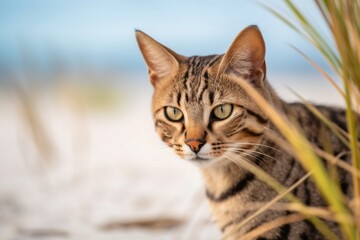 Medium shot portrait photography of a curious savannah cat scratching against a beach background. With generative AI technology