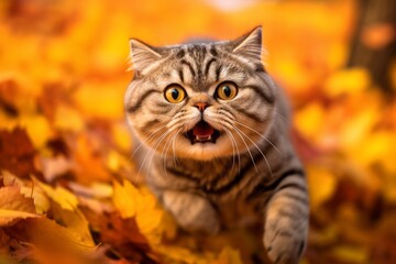 Naklejka na ściany i meble Close-up portrait photography of a happy scottish fold cat hopping against an autumn foliage background. With generative AI technology