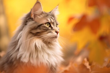 Close-up portrait photography of a cute norwegian forest cat tail wagging against an autumn foliage background. With generative AI technology