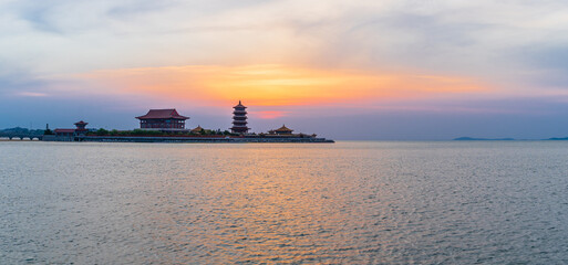 Beautiful evening sunset on the seashore of Penglai, Shandong