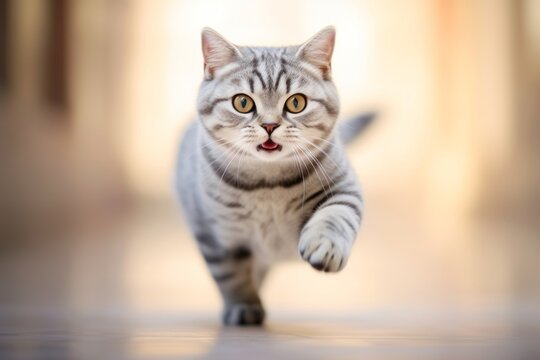 Environmental portrait photography of a happy american shorthair cat sprinting against a pastel or soft colors background. With generative AI technology