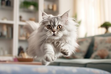 Lifestyle portrait photography of a curious persian cat sprinting against a cozy living room background. With generative AI technology