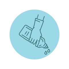 Obraz premium Hand with detergent black line icon. Cleaning company